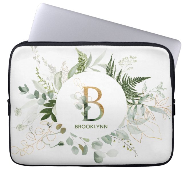 Elegant Monogram B Fern & Succulent Laptop Sleeve (Front)