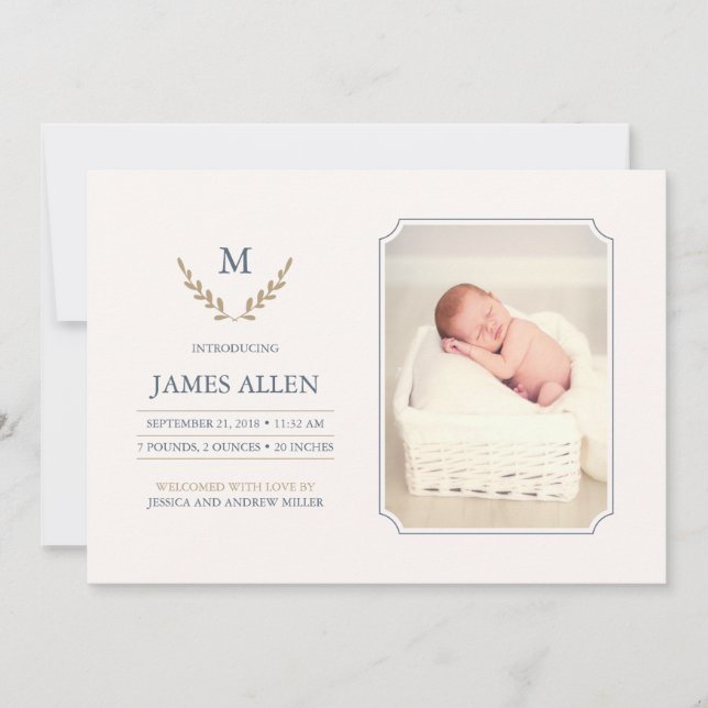 Elegant Monogram Baby Birth Announcement (Front)