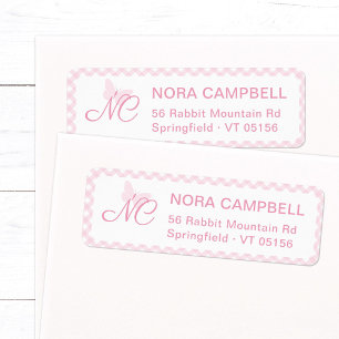 Elegant Monogram Baby Pink Gingham Return Address