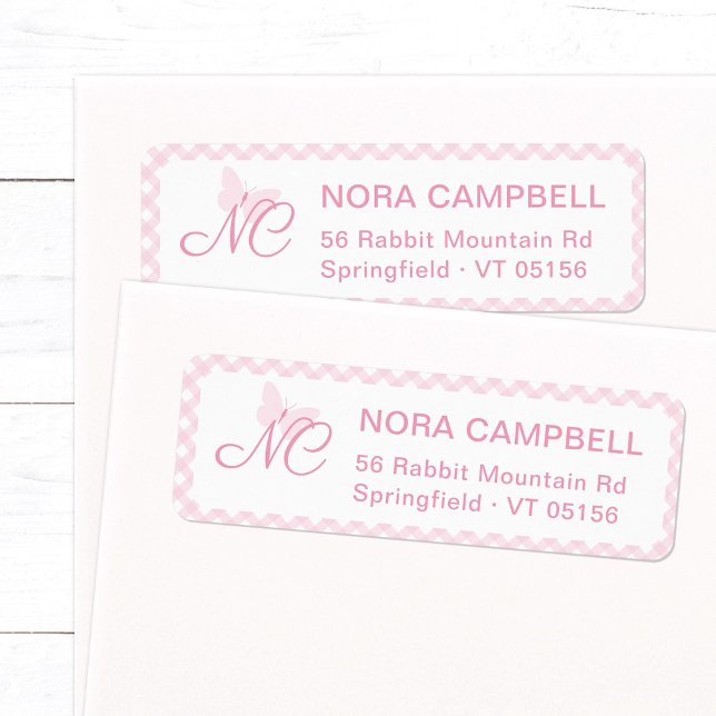 Elegant Monogram Baby Pink Gingham Return Address (Elegant butterfly monogram return address label in baby pink with stylish plaid background.)