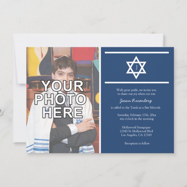 Elegant Monogram Bar Mitzvah with photo Invitation (Front)