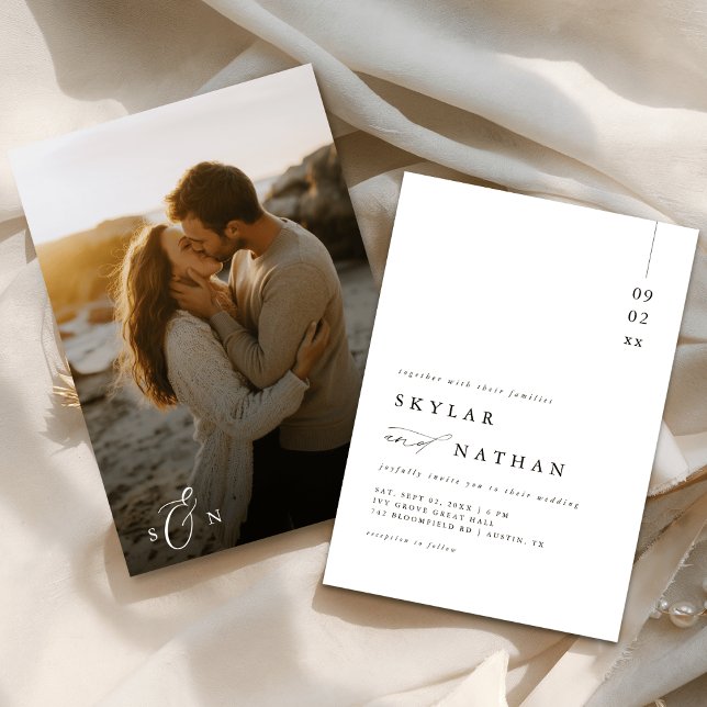 Elegant Monogram Beach Sunset Photo Budget Wedding Invitation (Creator Uploaded)