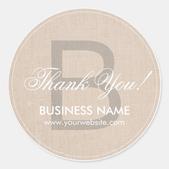 Elegant Monogram Beige Linen Thank You Classic Round Sticker (Front)