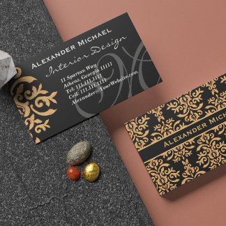 Elegant Monogram Black and Gold Damask Business Ca Card