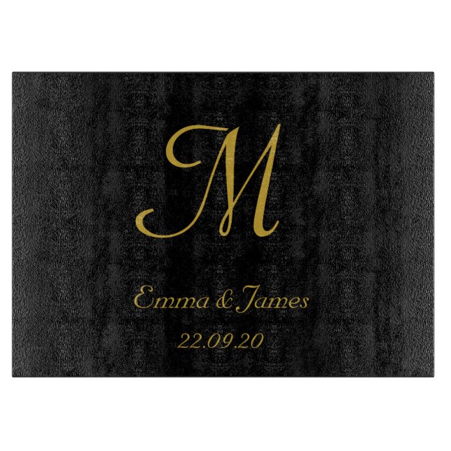 Elegant Monogram Black and Gold Initial Name Date Cutting Board (Front)