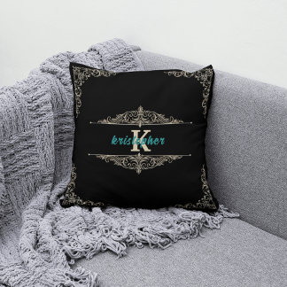 Elegant Monogram Black and Gold Personalised Name Cushion