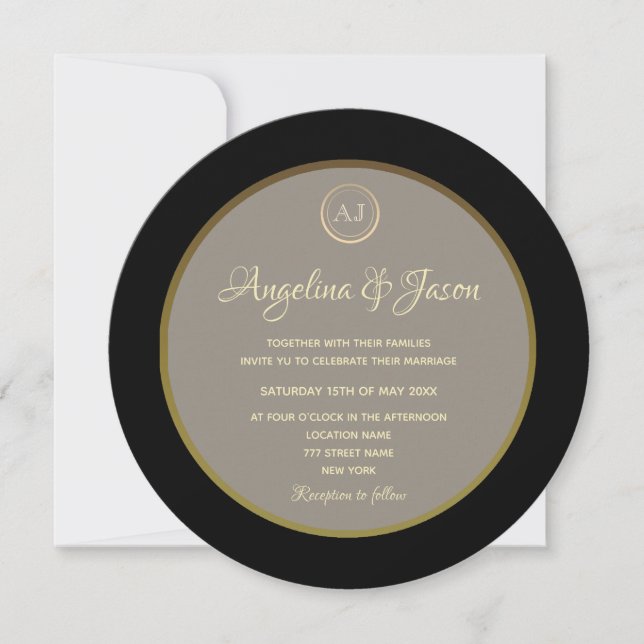 Elegant Monogram Black and Gold Wedding Invitation (Front)