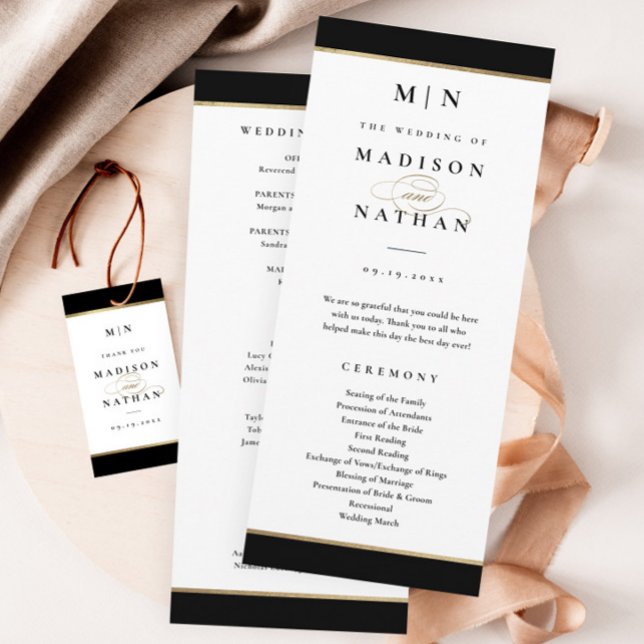 Elegant Monogram Black and Gold Wedding Programme (Elegant black and gold wedding program. Gift tag sold separately.)