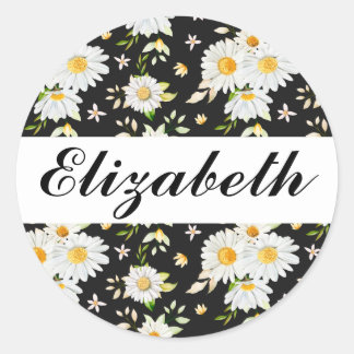 Elegant Monogram Black and White Daisy Pattern Classic Round Sticker