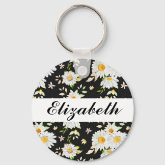 Elegant Monogram Black and White Daisy Pattern Key Ring