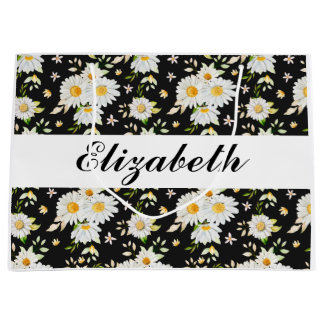 Elegant Monogram Black and White  Daisy Pattern Large Gift Bag