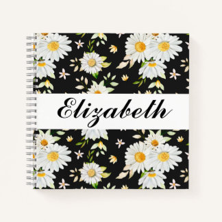 Elegant Monogram Black and White Daisy Pattern Notebook