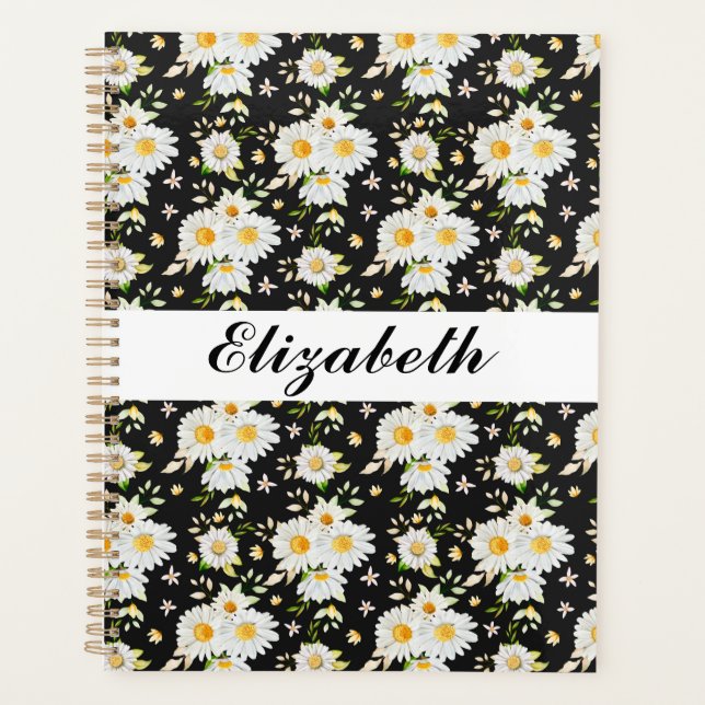 Elegant Monogram Black and White  Daisy Pattern   Planner (Front)