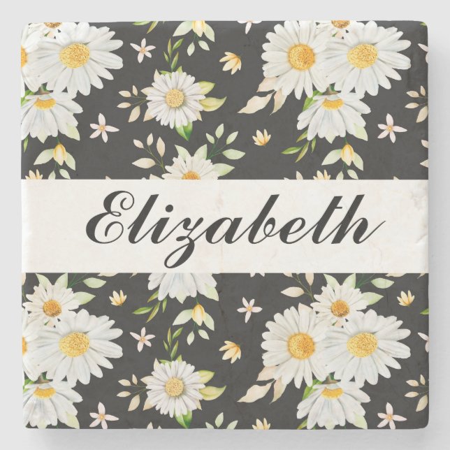 Elegant Monogram Black and White  Daisy Pattern  Stone Coaster (Front)