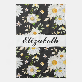 Elegant Monogram Black and White Daisy Pattern Tea Towel