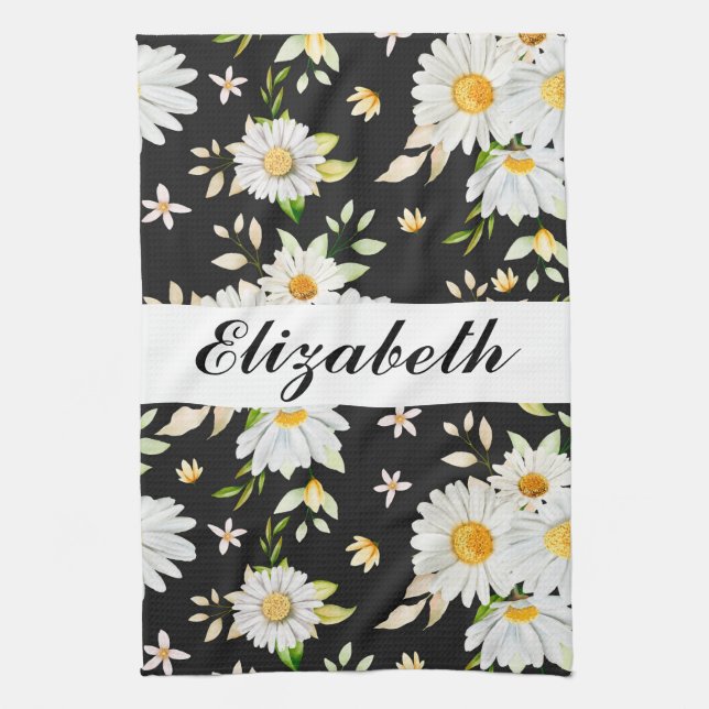 Elegant Monogram Black and White  Daisy Pattern  Tea Towel (Vertical)