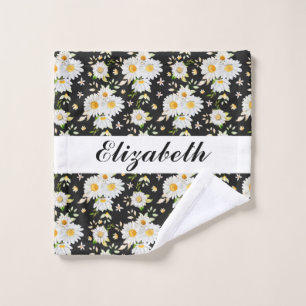 Elegant Monogram Black and White Daisy Pattern Wash Cloth
