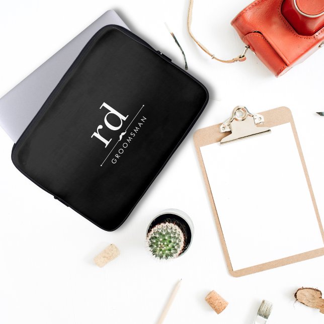 Elegant Monogram Black and White Groomsmen Gift  Laptop Sleeve (Creator Uploaded)