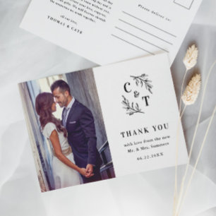 Elegant Monogram Black and White Photo Thank You Postcard