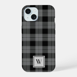 Elegant Monogram Black And White Plaid Pattern iPhone 15 Case