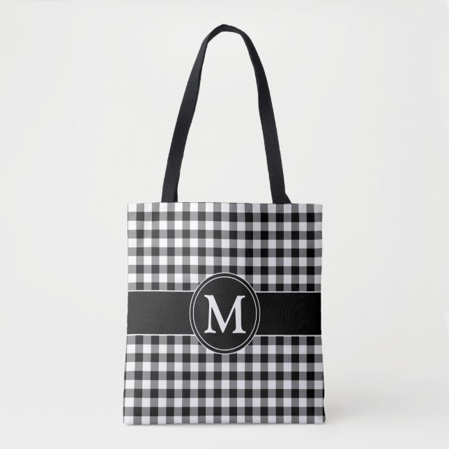 Elegant Monogram Black And White Plaid Tote Bag (Front)