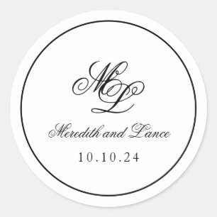 Elegant Monogram Black and White Script Classic Round Sticker