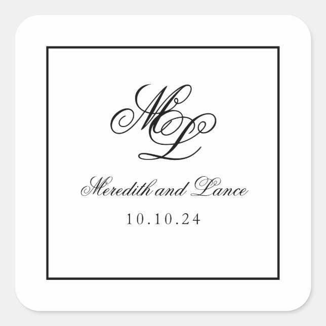 Elegant Monogram Black and White Script Square Sticker (Front)