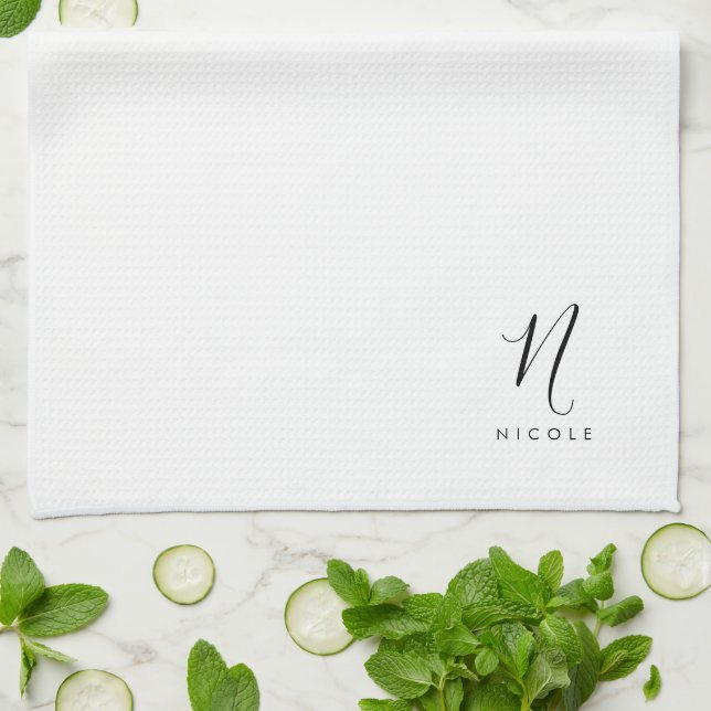Elegant Monogram Black and White Tea Towel (Folded)
