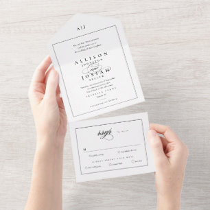 Elegant Monogram Black and White Wedding All In One Invitation