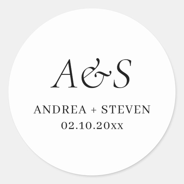 Elegant Monogram Black and White Wedding  Classic Round Sticker (Front)