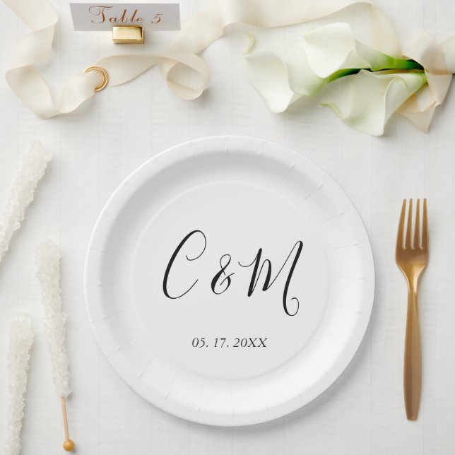 Elegant Monogram Black and White Wedding Paper Plate (Wedding)