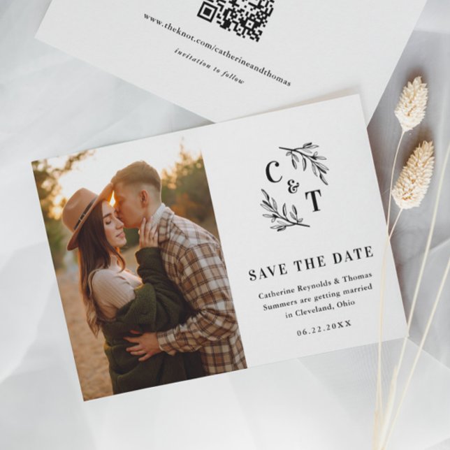 Elegant Monogram Black and White Wedding Photo Save The Date (Minimal Greenery Leaves Monogram Wedding Photo Save the Date with QR Code.)