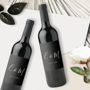 Elegant Monogram Black and White Wine Label