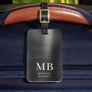 Elegant Monogram Black Brushed Metallic Luggage Tag