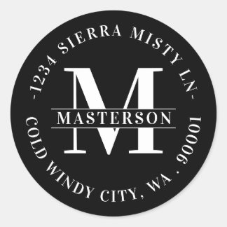 Elegant Monogram Black Circular Return Address Classic Round Sticker