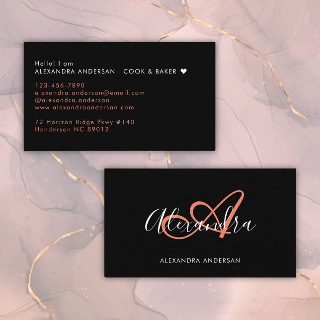 Elegant Monogram Black Coral Script Name Business Card (Elegant Monogram Black Coral Script Name Business Card)