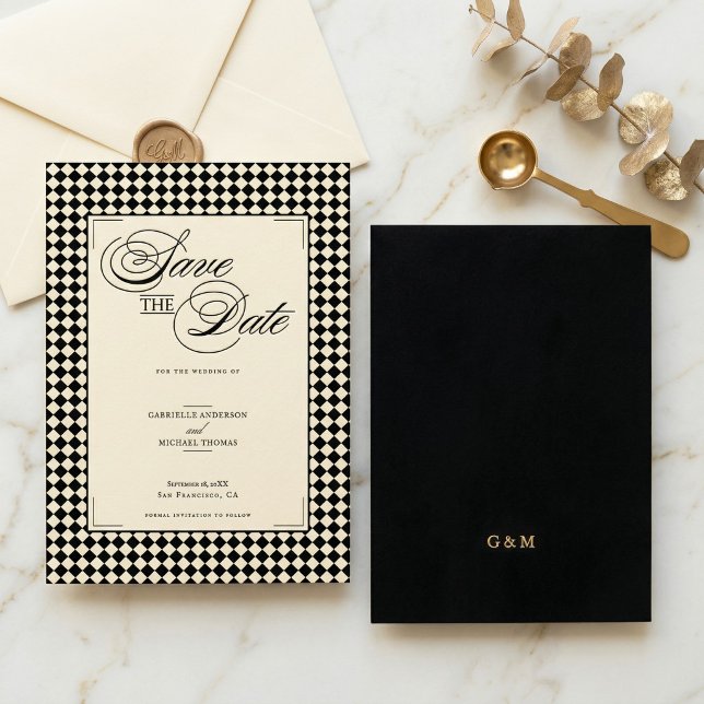 Elegant Monogram Black Cream Chequerboard Save The Date (Creator Uploaded)