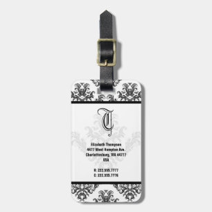 Elegant Monogram Black Damask Luggage Tag