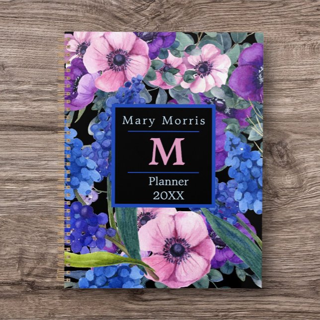 Elegant Monogram Black Floral in Blue Purple Pink Planner (Personalized Planner/ Journal with Name and Year. Great idea for a gift.)