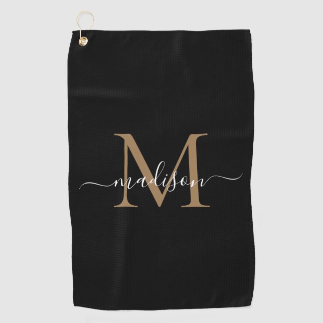 Elegant Monogram Black Gold Girly Script Name Golf Towel (Front)