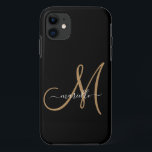 Elegant Monogram Black Gold Name  Case-Mate iPhone Case<br><div class="desc">Personalised iphone case featuring a gold script initial,  and white script name on black A trending modern minimalist typography style. Select your device model for this design.</div>