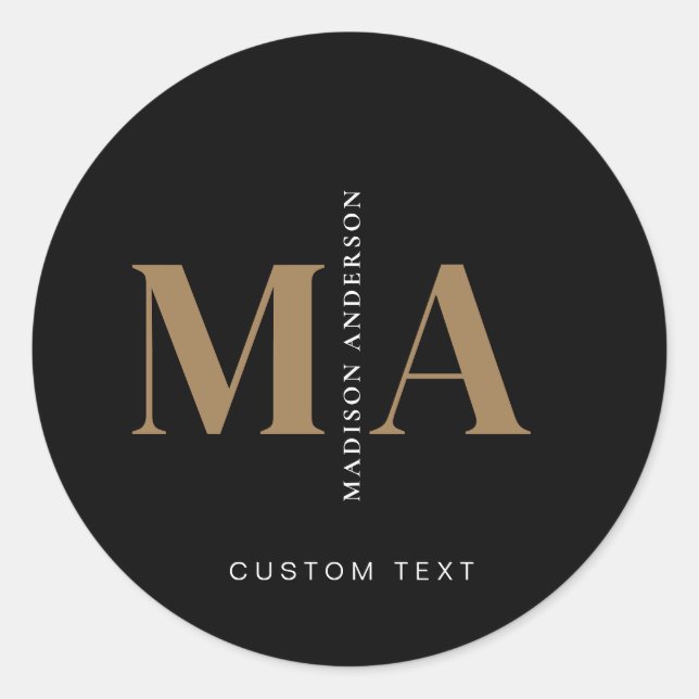 Elegant Monogram Black Gold Name Classic Round Sticker (Front)