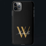 Elegant Monogram Black Gold Name Script iPhone 11Pro Max Case<br><div class="desc">This elegant monogram black background with gold letters in simple design are great elements to show on this iphone case. The best part here is that you can personalise it by adding your initial and name. If you can not get what you like just send me an email at jraym48@gmail.com...</div>