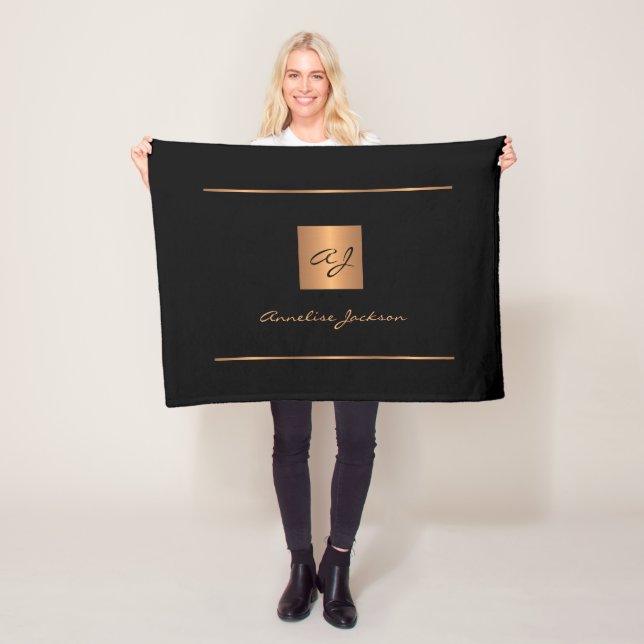 Elegant monogram black gold name script modern fleece blanket (In Situ)
