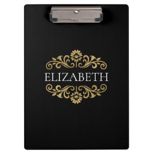 Elegant Monogram black Gold Office School Clipboard