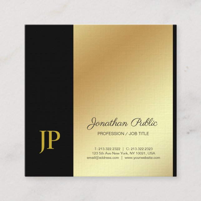 Elegant Monogram Black Gold Plain Luxury Linen Square Business Card (Front)