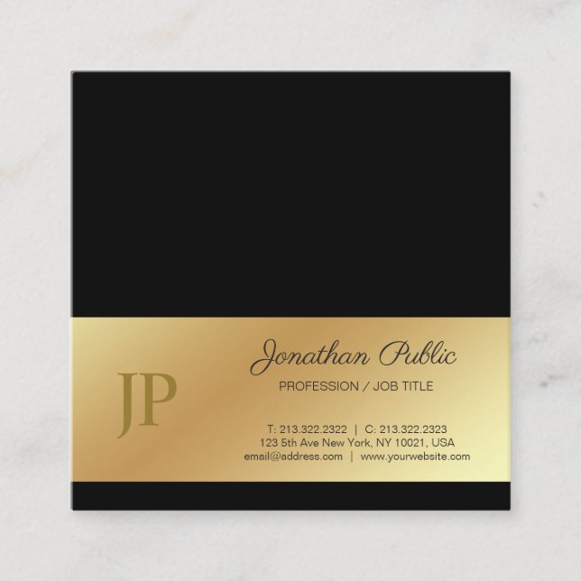 Elegant Monogram Black Gold Plain Luxury Silk Square Business Card (Front)