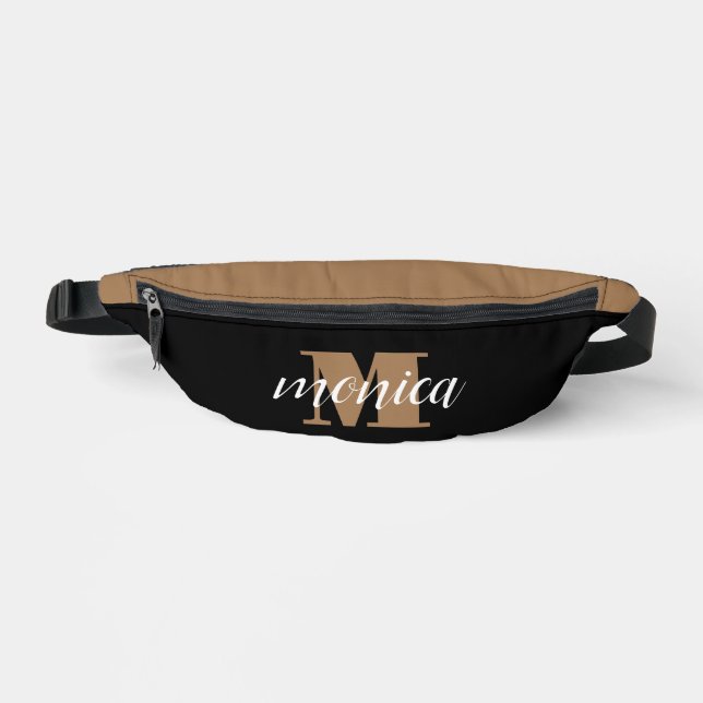 Elegant Monogram Black Gold Script minimal Bum Bags (Front)