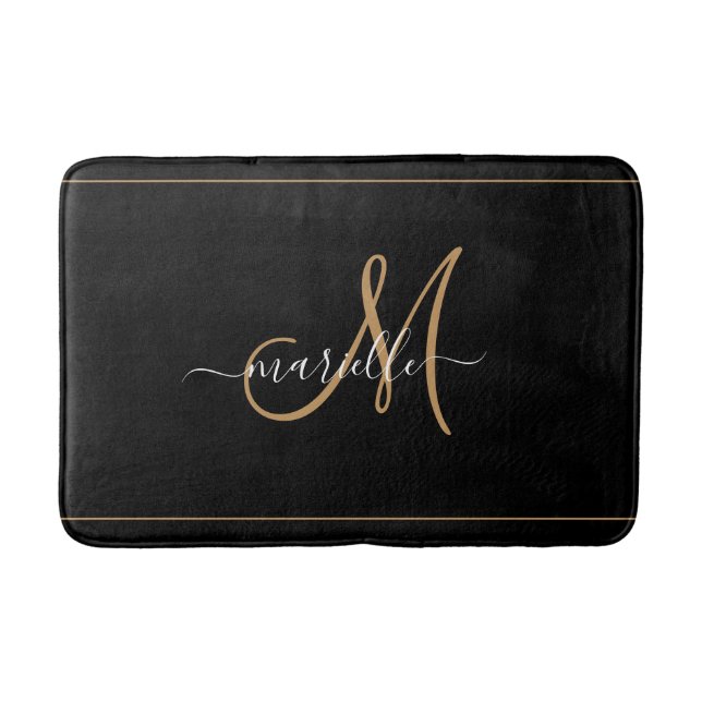 Elegant Monogram Black Gold Script Name  Bath Mat (Front)