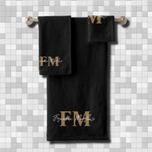 Elegant Monogram Black Gold Script Name Bath Towel Set